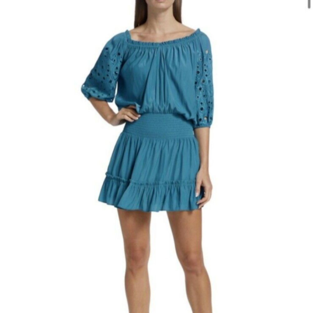 Ramy Brook Yao Sz S Yao Eyelet-Sleeve Mini Dress Blue Tile
